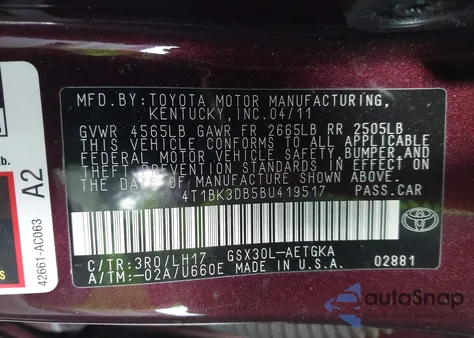 2011 Toyota Avalon Limited z USA, uszkodzony, nr VIN 4T1BK3DB5B4419517